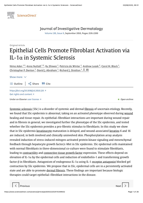 Epithelial Cells Promote Fibroblast Activation via IL-1α in Systemic Sclerosis - ScienceDirect
